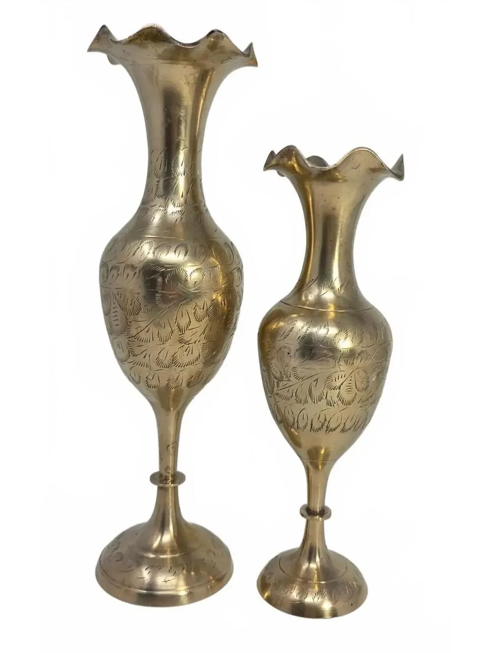 Vintage Indian Brass Vases Set of 4 Etched Floral Graduated Ruffled Rim
